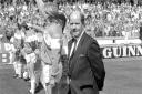 Queens Park Rangers manager Jim Smith lines up on the Wembley pitch at the League Cup final. Picture: PA