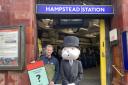 Mr Monopoly and game designer John Keen-Tomlinson outside Hampstead station earlier this year