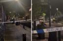 Screengrabs from a video shared by @th_crime_watch showing police at Bethnal Green