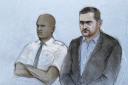 Court artist drawing by Elizabeth Cook of political activist Tommy Robinson (right), whose real name is Stephen Yaxley-Lennon, appearing at Woolwich Crown Court