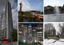 Clockwise from left, Pioneer Point, Ilford; Queen Elizabeth Olympic Park, Stratford; Raphael Park, Romford; Abbey ruins, Barking; Canary Wharf, Docklands