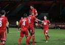 Leyton Orient forward Macauley Bonne celebrates with Josh Coulson after scoring against Gateshead (pic: Simon O'Connor).