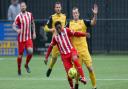 Ronnie Winn of Hornchurch and Michael Ademiluyi of Bowers during Bowers & Pitsea vs Hornchurch, Emirates FA Cup Football at The Len Salmon Stadium on 2nd October 2021