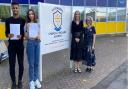 L-R: St Edward's Academy pupils Toby Iwobi and Jasmina Salaria alongside Headteacher Jodie Hassan Deputy Head Catharine Wensley.