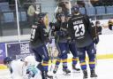 Raiders celebrate one of their 12 goals against Bristol. Image: John Scott