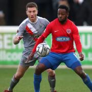 Myles Weston of Dagenham and Redbridge and Tom Hannigan of Altrincham during Dagenham & Redbridge vs Altrincham, Vanarama National League Football at the Chigwell Construction Stadium on 12th December 2020