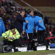 Leyton Orient head coach Justin Edinburgh (left) and assistant Ross Embleton issue instructions from the touchline (pic: Simon O'Connor).