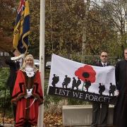 From left to right: Peter Hyam, Michael Gott, Cllr Olivia Sanders, Richard Hyam, Father Mark North  Captain Nick Allston (124 Transport Squadron).