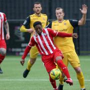 Ronnie Winn of Hornchurch and Michael Ademiluyi of Bowers during Bowers & Pitsea vs Hornchurch, Emirates FA Cup Football at The Len Salmon Stadium on 2nd October 2021