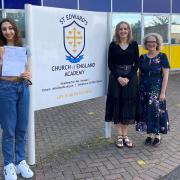 L-R: St Edward's Academy pupils Toby Iwobi and Jasmina Salaria alongside Headteacher Jodie Hassan Deputy Head Catharine Wensley.