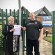 Margaret Mullane and Cllr Matthew Stanton with the petition to save Elm Park Children's Centre