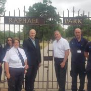 Council leader Ray Morgon and Cllr Barry Mugglestone, Havering's cabinet member for enforcement, (centre) with new enforcement officers