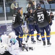 Raiders celebrate one of their 12 goals against Bristol. Image: John Scott