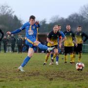 Charlie Morris scores Romford's second against Stanway Pegasus in the FA Vase from the penalty spot. Picture: TGS PHOTO