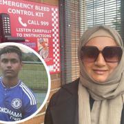 Samina Khalid hopes a bleed kit, installed in Ilford in memory of her murdered son Kamran (inset), will save future lives
