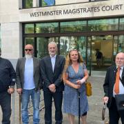 ULEZ activists appeared in court accused of harassing Sadiq Khan in his home. Left to right: Lloyd Dunsford, Nicholas Arlett, Martin Whitehead, Allison Young, Kevin Stredder