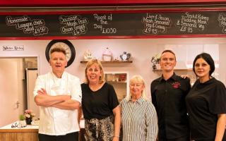From left to right: A Gordon Ramsay lookalike joins Lindsay Miller, Cheryl Jones, Billy Hughes and Jade Jacobs at Tea Pot Cafe during the Romford Food festival.