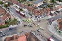 A motorbike could be seen overturned in the road after the crash