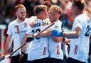 Great Britain celebrate a goal against India in the FIH Pro League