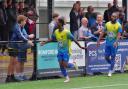 Brendan Ocran celebrates scoring for Romford against Sawbridgeworth Image: Bob Knightley