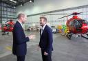 Prince William and David Beckham during a visit to RAF Northolt to view two new London Air Ambulance Charity helicopters