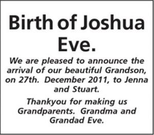 Birth of Joshua Eve.