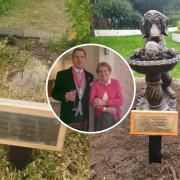 The missing memorial (left), Mike Brace and Betty Jones (centre) and the memorial before the vandalism (right)