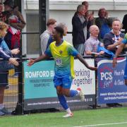 Brendan Ocran celebrates scoring for Romford against Sawbridgeworth Image: Bob Knightley