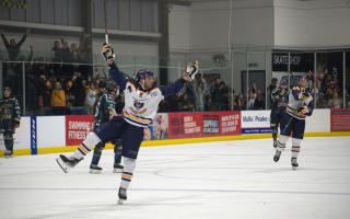 Andrew Shewfelt celebrates scoring for Raiders against MK Lightning